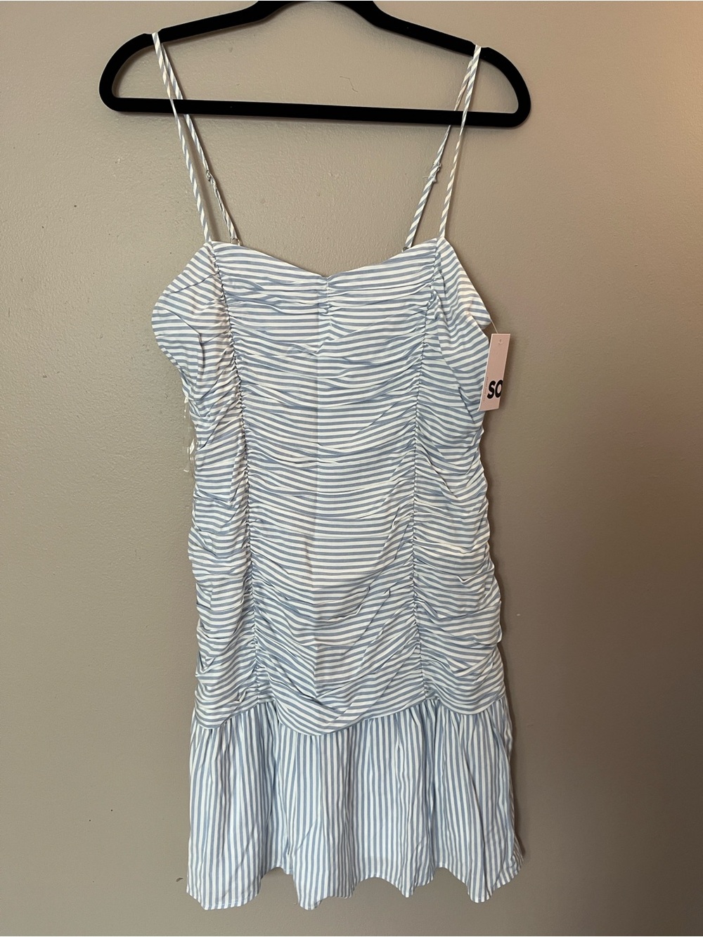 SO Light Blue and White Striped Ruched Mini Dress